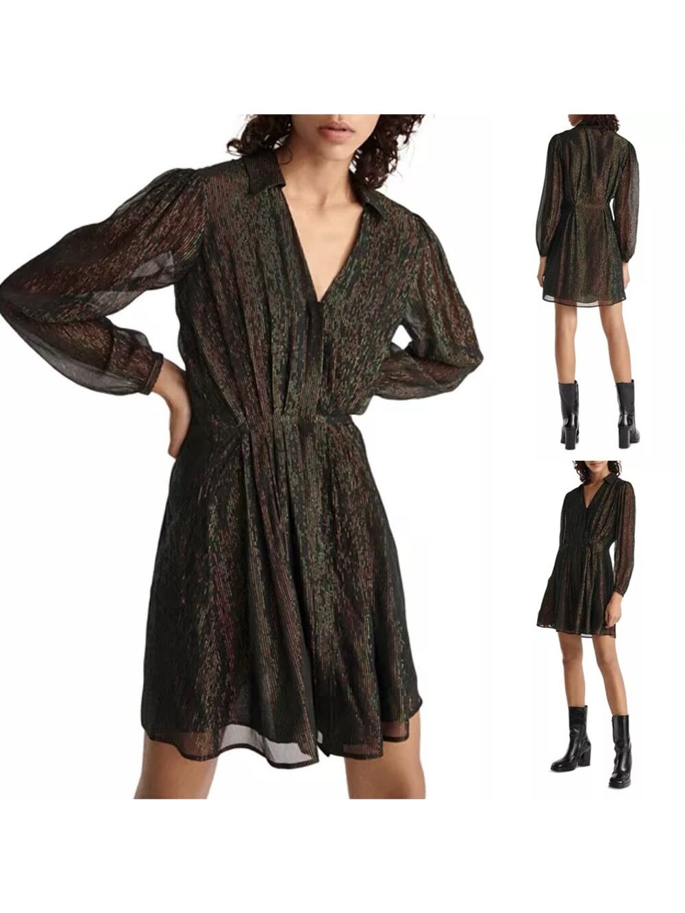 The Kooples Paris Silk Metallic Stripe‎ Pleated Mini Dress Puff Sleeve Cocktail